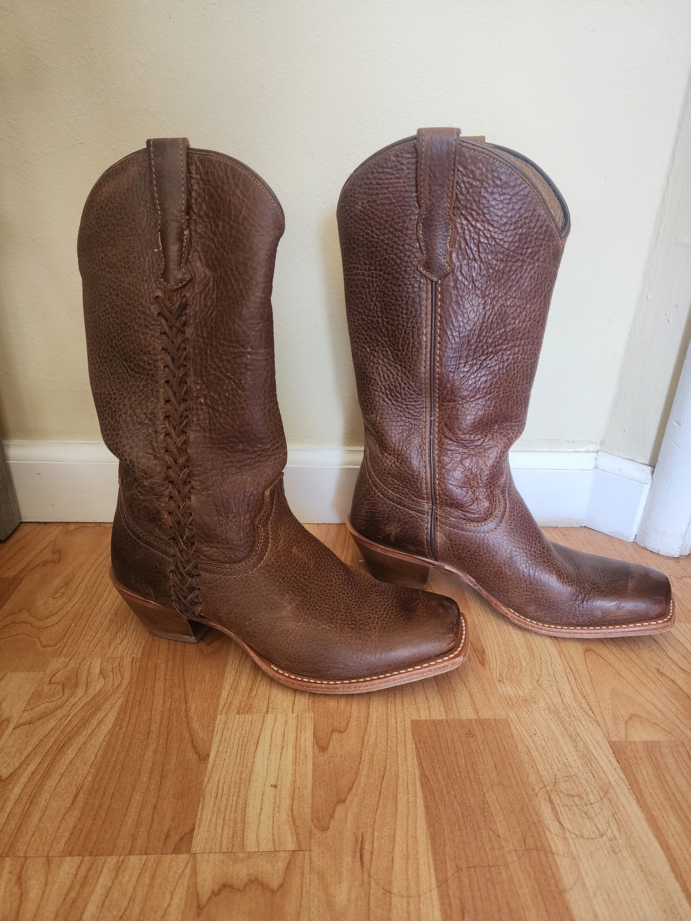 Handcrafted Brown Leather Western Cowboy Boots - Braided Shaft Detail